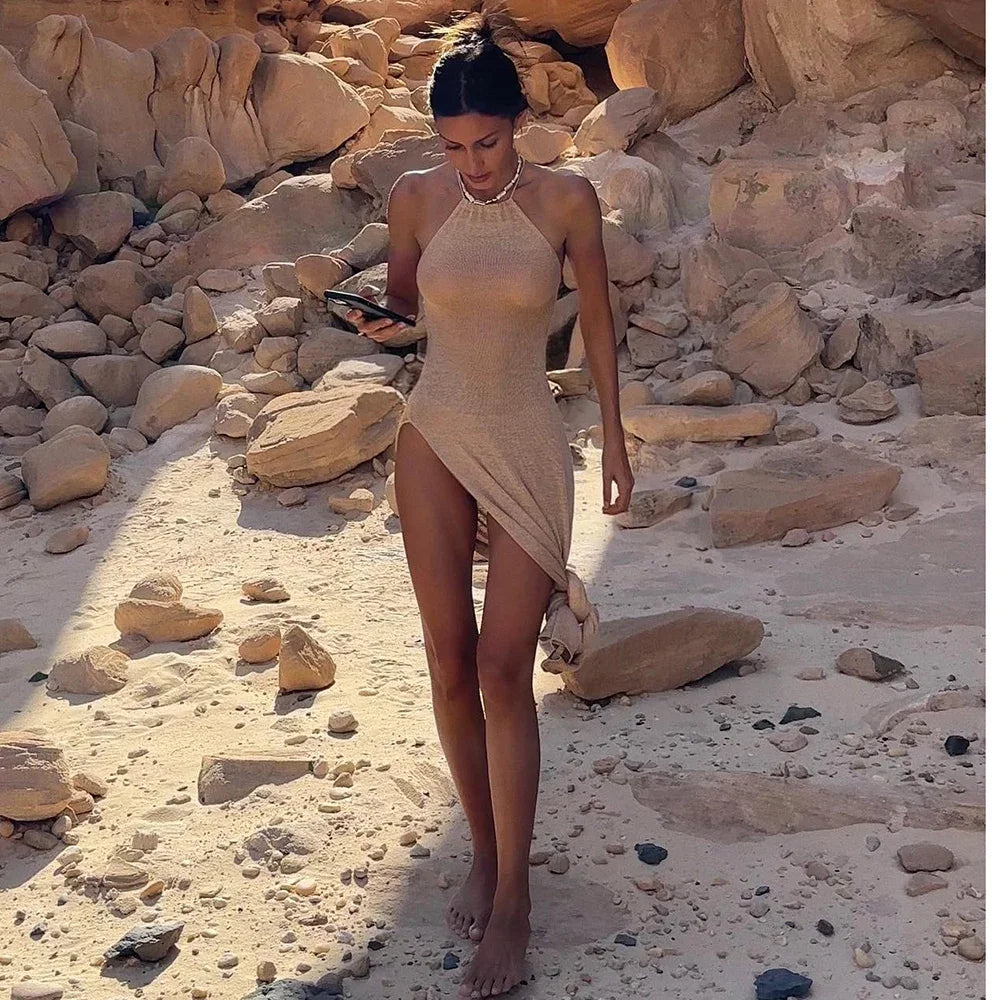 Hot 2024 Kintted Cover Up Beach Sexy See Through Maxi Slit Bodycon Summer Dress Bikinis Cover-ups Elegant Halter Beachdress
