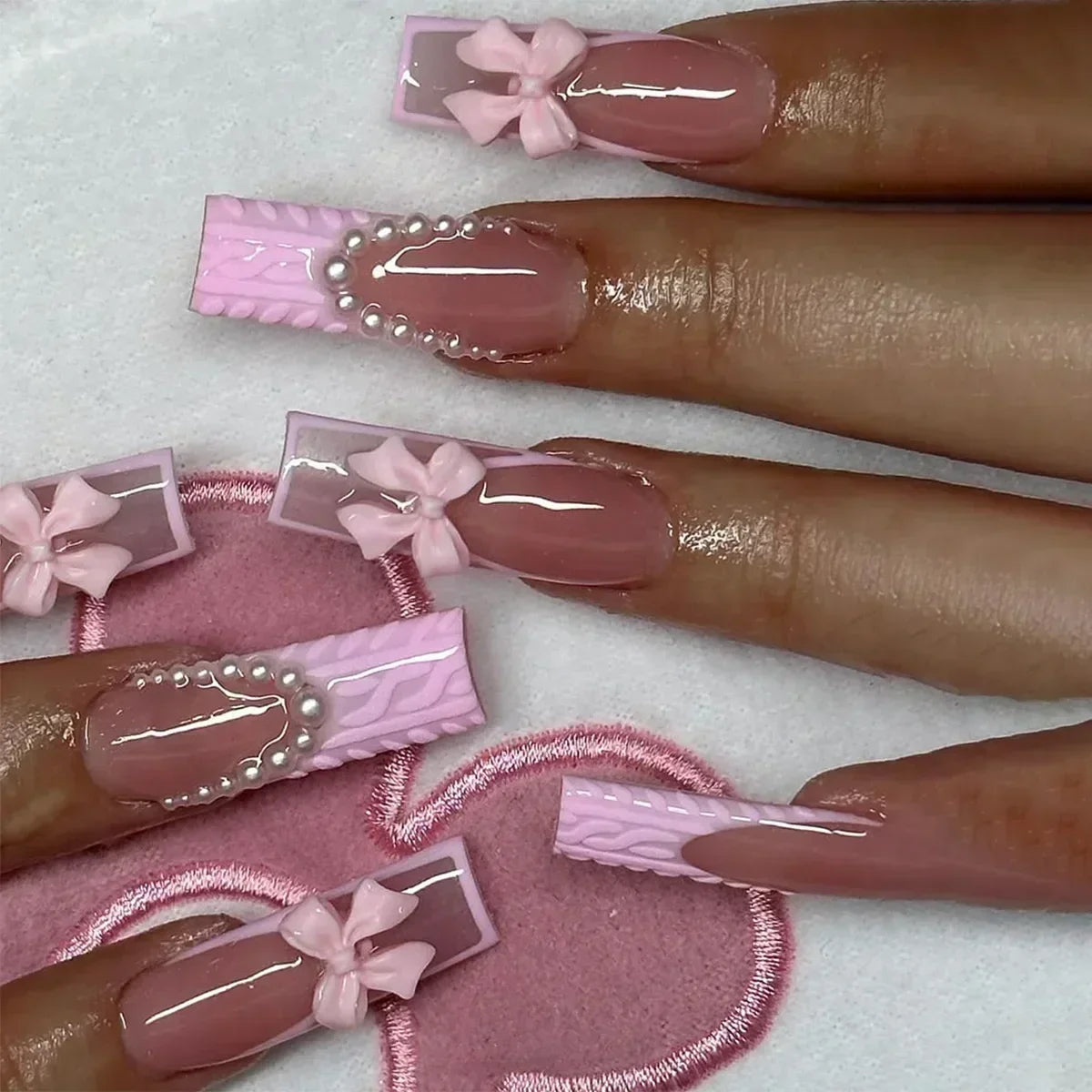 24Pcs Glitter Blue False Nails Long French Ballet Press on Nails Love Stripes Design Fake Nail DIY Coffin Full Cover Nail Tips