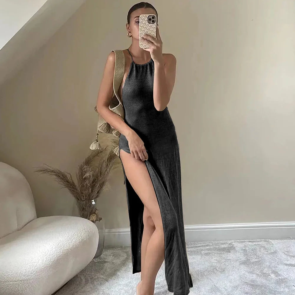 Hot 2024 Kintted Cover Up Beach Sexy See Through Maxi Slit Bodycon Summer Dress Bikinis Cover-ups Elegant Halter Beachdress