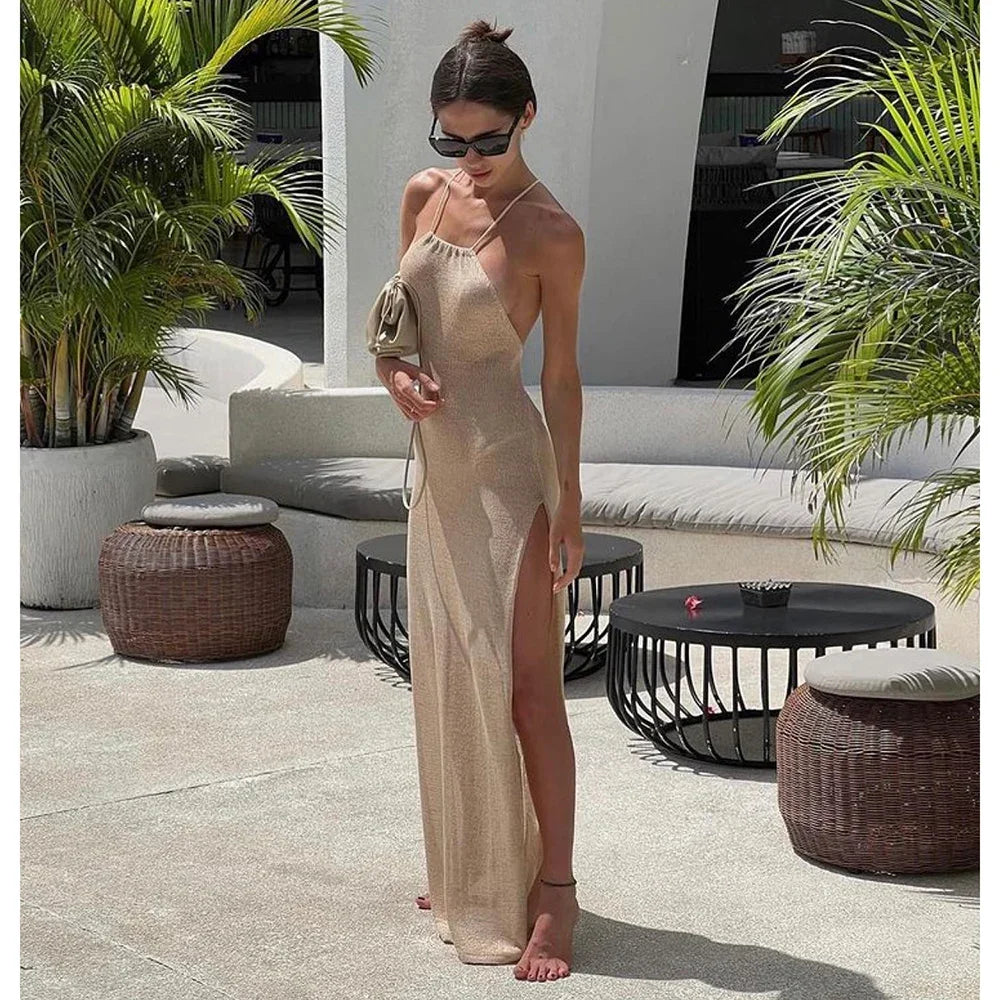 Hot 2024 Kintted Cover Up Beach Sexy See Through Maxi Slit Bodycon Summer Dress Bikinis Cover-ups Elegant Halter Beachdress