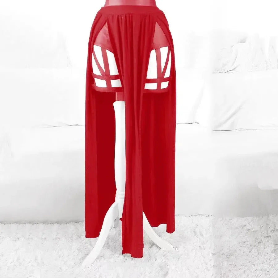 New 3 Pieces Sets Women Dress with Chest Pads Gothic Sexy Erotic Lingeries Party Wear Red Bandage Hollow Out Women Sets