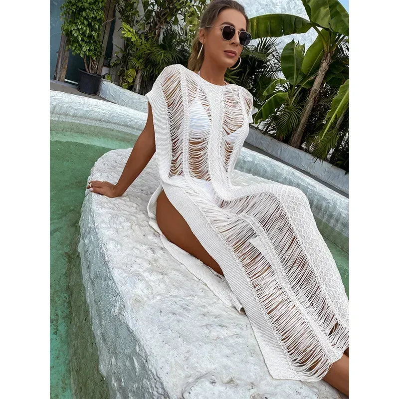 2025 Summer White Bikini Cover Up Sexy Lace Kimono Boho Beach Long Maxi Dress Sheer Loose Kaftan Tunic Swimsuit Female