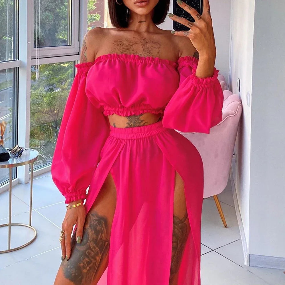 Women Beach 2pcs Bikini Cover-Ups Swimsuit Off Shoulder Top+ High Waist Dresss Sexy Ladies Swimming Cover Up Bathing Suit