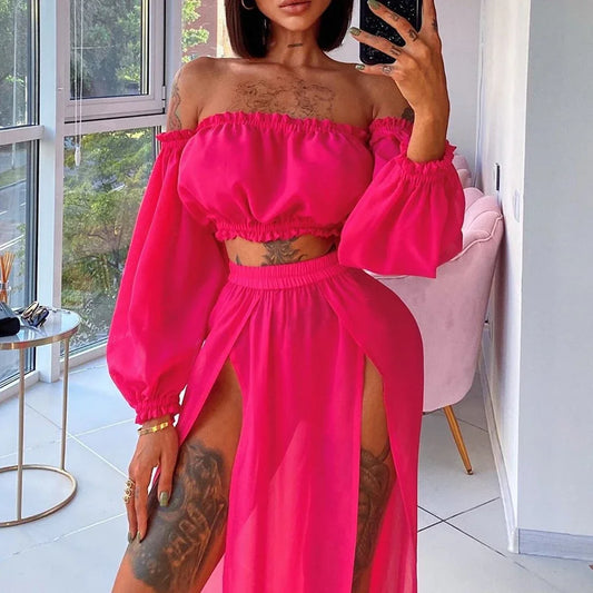 Women Beach 2pcs Bikini Cover-Ups Swimsuit Off Shoulder Top+ High Waist Dresss Sexy Ladies Swimming Cover Up Bathing Suit