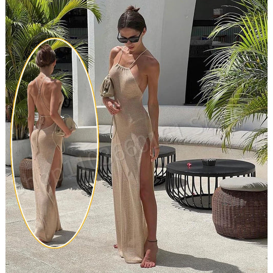 Hot 2024 Kintted Cover Up Beach Sexy See Through Maxi Slit Bodycon Summer Dress Bikinis Cover-ups  Elegant Halter Beachdress