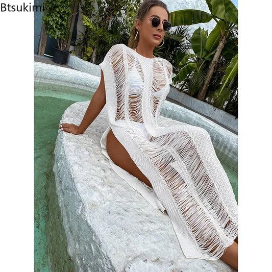 2025 Summer White Bikini Cover Up Sexy Lace Kimono Boho Beach Long Maxi Dress Sheer Loose Kaftan Tunic Swimsuit Female