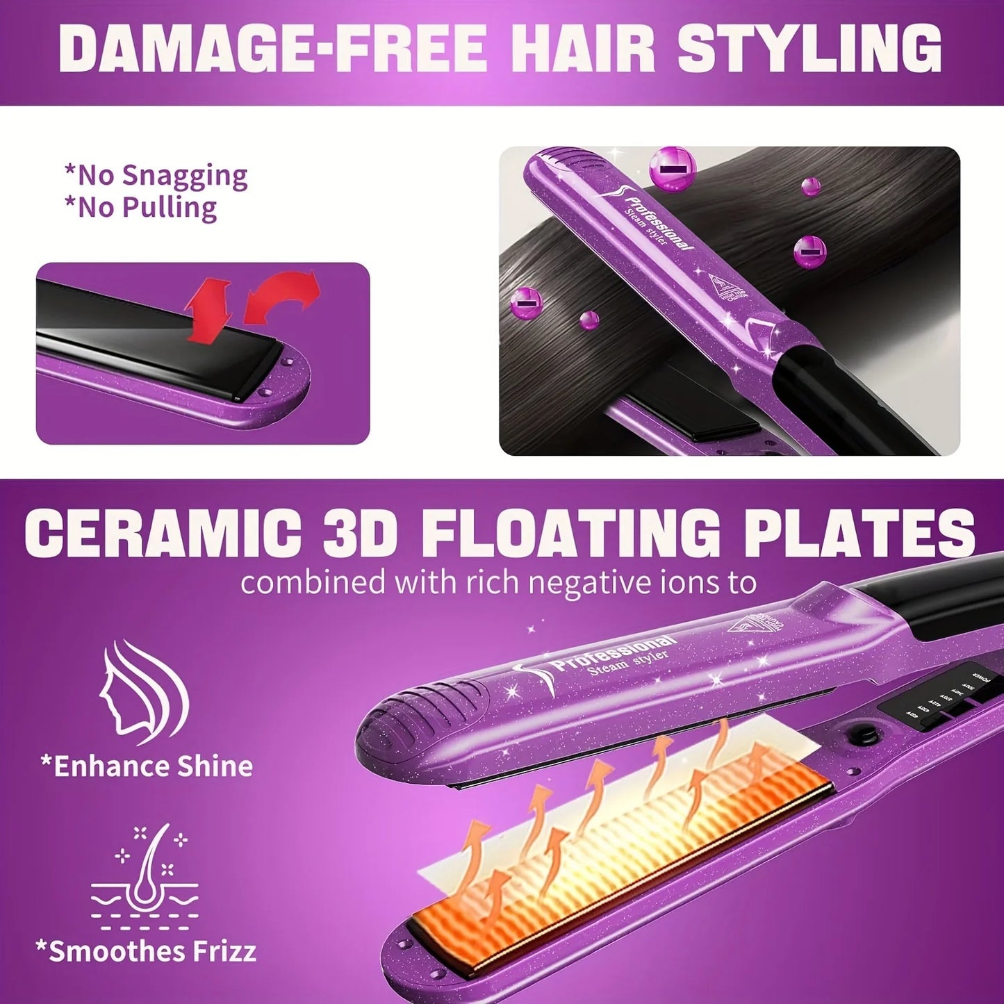 Steam Straighteners for Hair Professional Salon Ceramic Tourmaline Vapor Flat Iron and Curler 2 in 1 Straightening Curling Iron