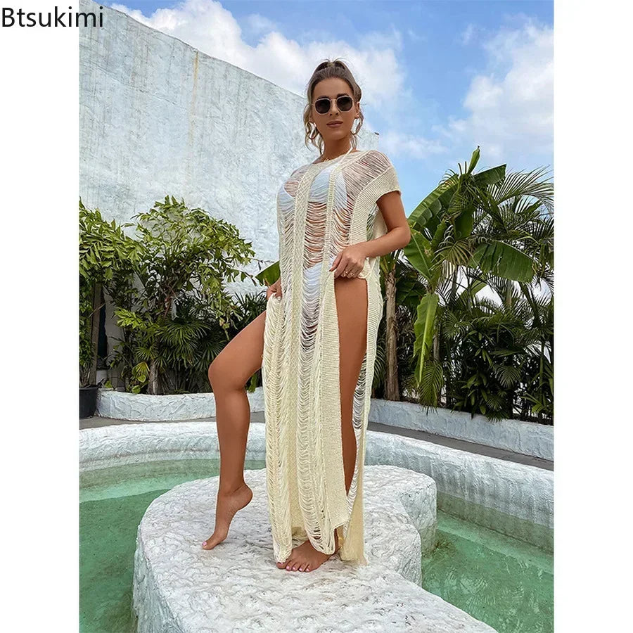 2025 Summer White Bikini Cover Up Sexy Lace Kimono Boho Beach Long Maxi Dress Sheer Loose Kaftan Tunic Swimsuit Female