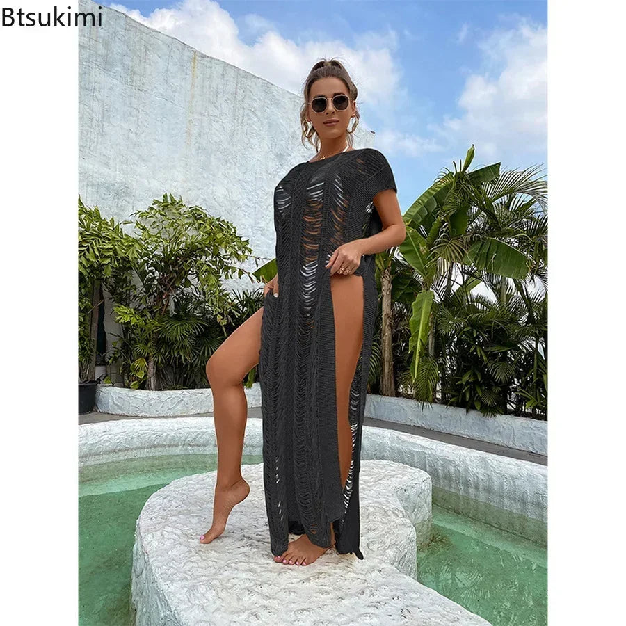 2025 Summer White Bikini Cover Up Sexy Lace Kimono Boho Beach Long Maxi Dress Sheer Loose Kaftan Tunic Swimsuit Female