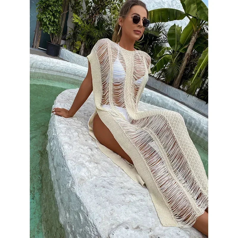 2025 Summer White Bikini Cover Up Sexy Lace Kimono Boho Beach Long Maxi Dress Sheer Loose Kaftan Tunic Swimsuit Female