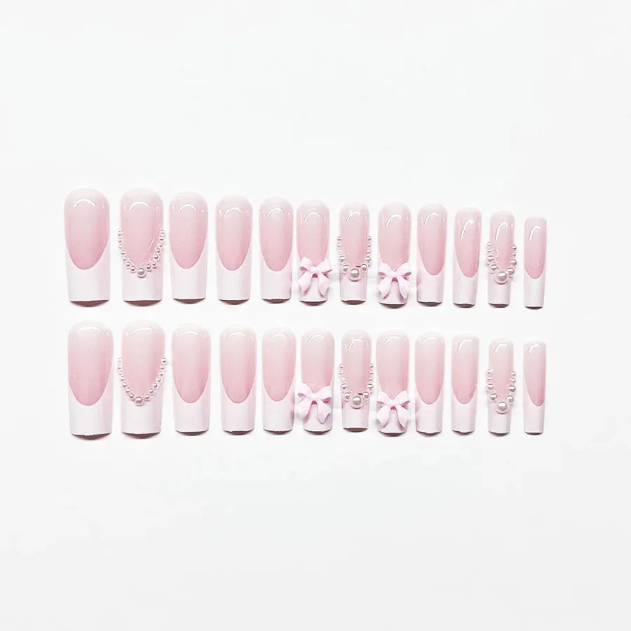 24Pcs Glitter Blue False Nails Long French Ballet Press on Nails Love Stripes Design Fake Nail DIY Coffin Full Cover Nail Tips