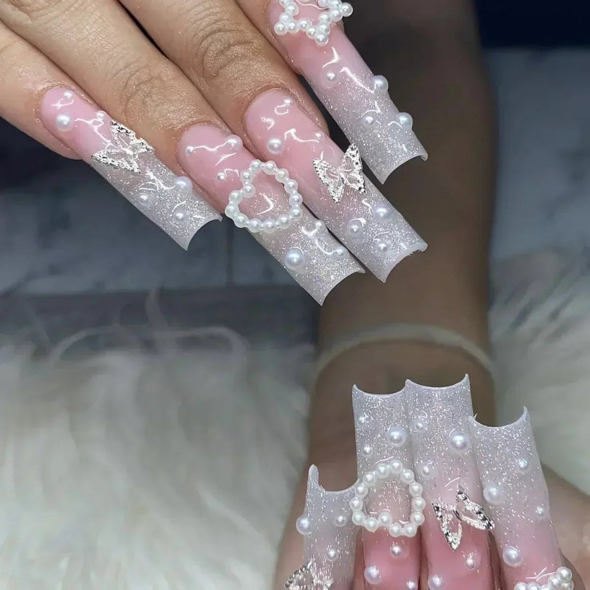 24Pcs Glitter Blue False Nails Long French Ballet Press on Nails Love Stripes Design Fake Nail DIY Coffin Full Cover Nail Tips