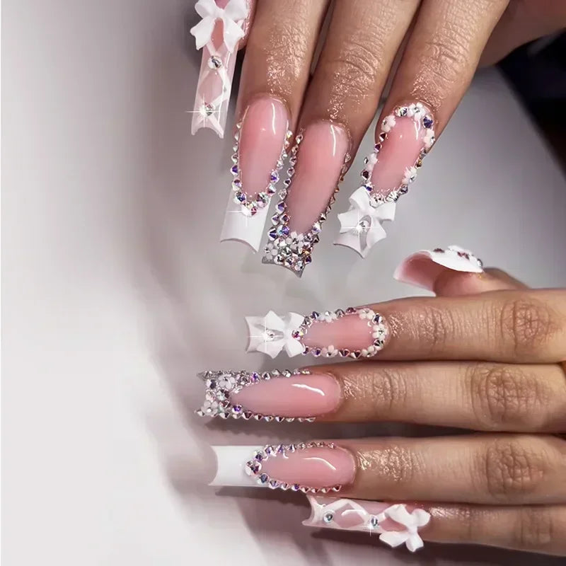 24Pcs Glitter Blue False Nails Long French Ballet Press on Nails Love Stripes Design Fake Nail DIY Coffin Full Cover Nail Tips