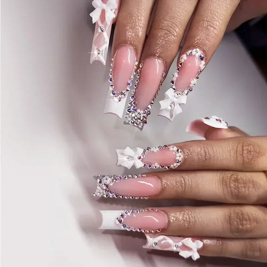 24Pcs Glitter Blue False Nails Long French Ballet Press on Nails Love Stripes Design Fake Nail DIY Coffin Full Cover Nail Tips