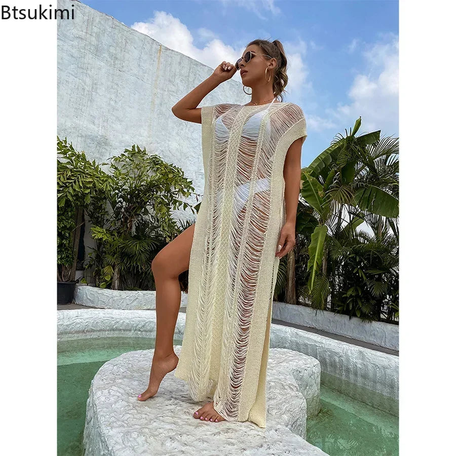 2025 Summer White Bikini Cover Up Sexy Lace Kimono Boho Beach Long Maxi Dress Sheer Loose Kaftan Tunic Swimsuit Female