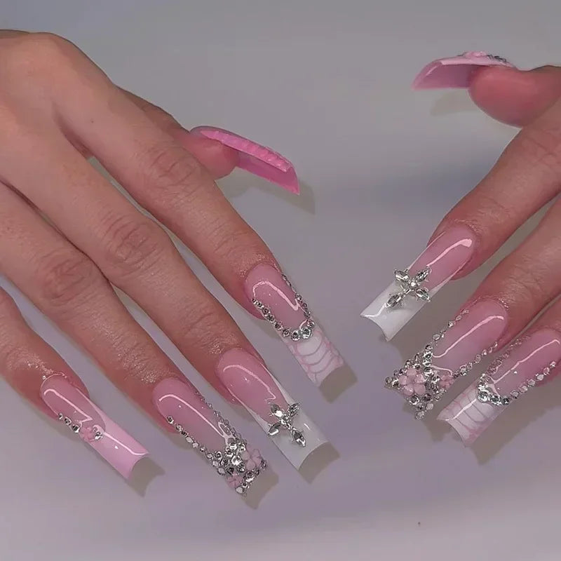 24Pcs Glitter Blue False Nails Long French Ballet Press on Nails Love Stripes Design Fake Nail DIY Coffin Full Cover Nail Tips