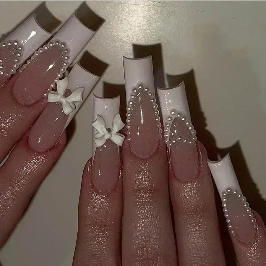 24Pcs Glitter Blue False Nails Long French Ballet Press on Nails Love Stripes Design Fake Nail DIY Coffin Full Cover Nail Tips