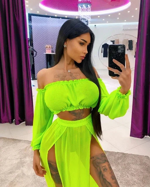 Women Beach 2pcs Bikini Cover-Ups Swimsuit Off Shoulder Top+ High Waist Dresss Sexy Ladies Swimming Cover Up Bathing Suit
