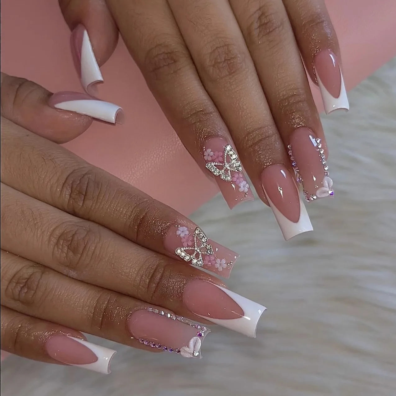 24Pcs Glitter Blue False Nails Long French Ballet Press on Nails Love Stripes Design Fake Nail DIY Coffin Full Cover Nail Tips