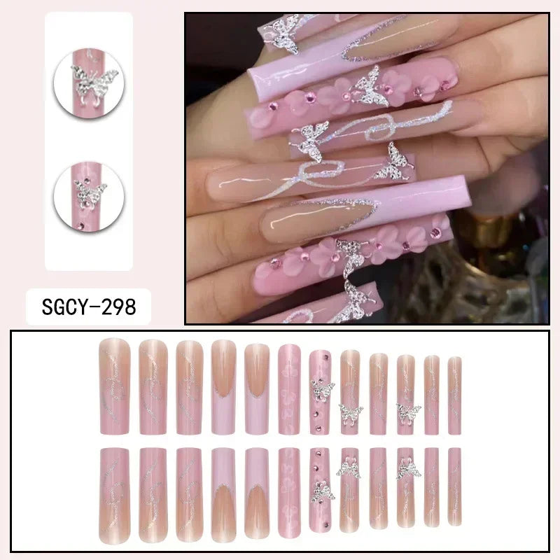 24Pcs Glitter Blue False Nails Long French Ballet Press on Nails Love Stripes Design Fake Nail DIY Coffin Full Cover Nail Tips