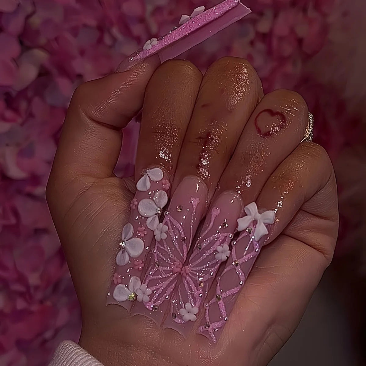 24Pcs Glitter Blue False Nails Long French Ballet Press on Nails Love Stripes Design Fake Nail DIY Coffin Full Cover Nail Tips